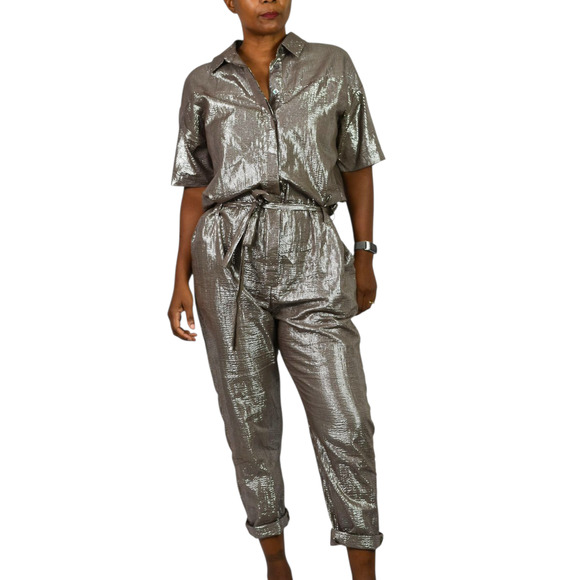 Xirena Theo Metallic Jumpsuit Brown Metallic Shimmer Cotton Lurex Belted Small - Picture 8 of 16
